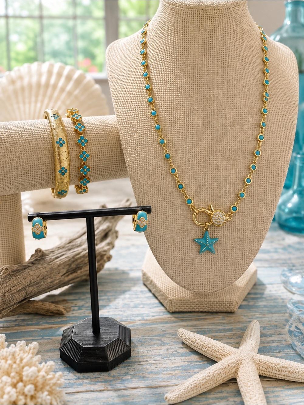 Turquoise Starfish Charm Gold Necklace and Bracelet Set